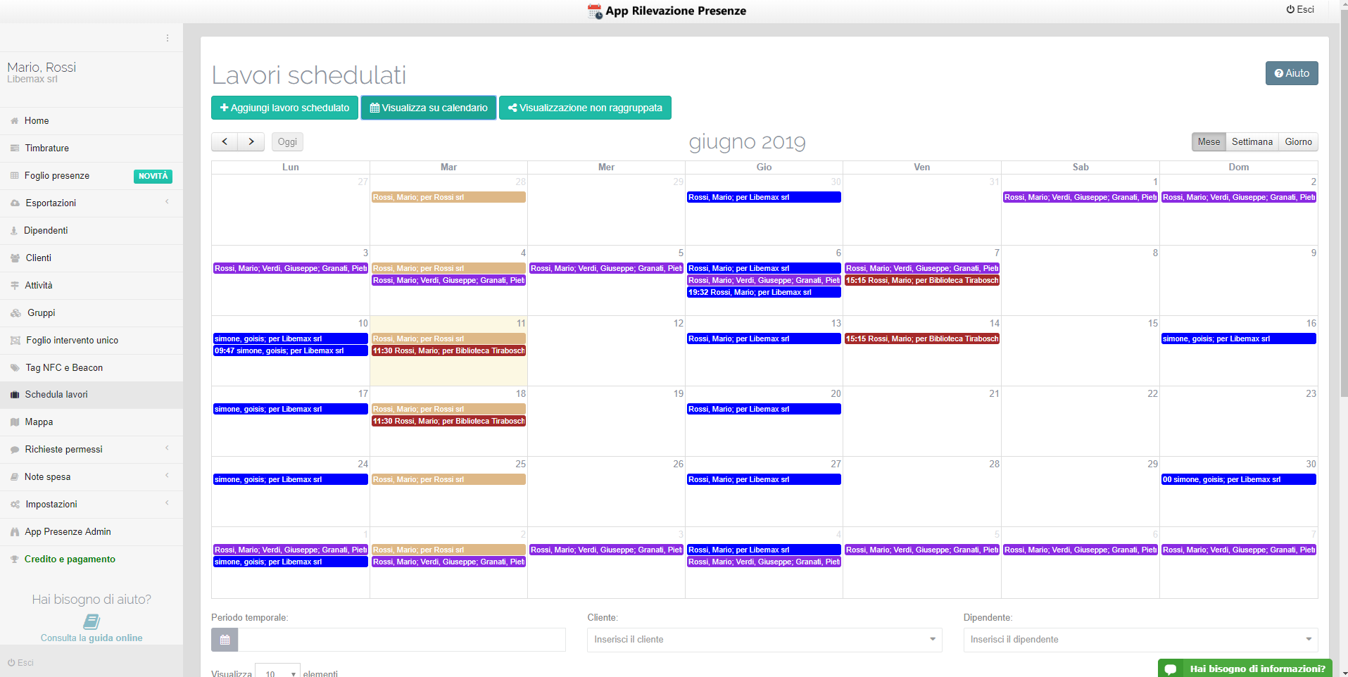 Calendario pianificazione lavori giornalieri, settimanali e mensili